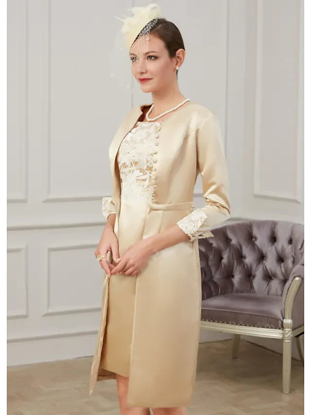 Wholesale Mother of the Bride Dress Plus Size Jewel Neck Knee Length Lace Polyester 3/4 Length Sleeve with Lace Appliques Ruching